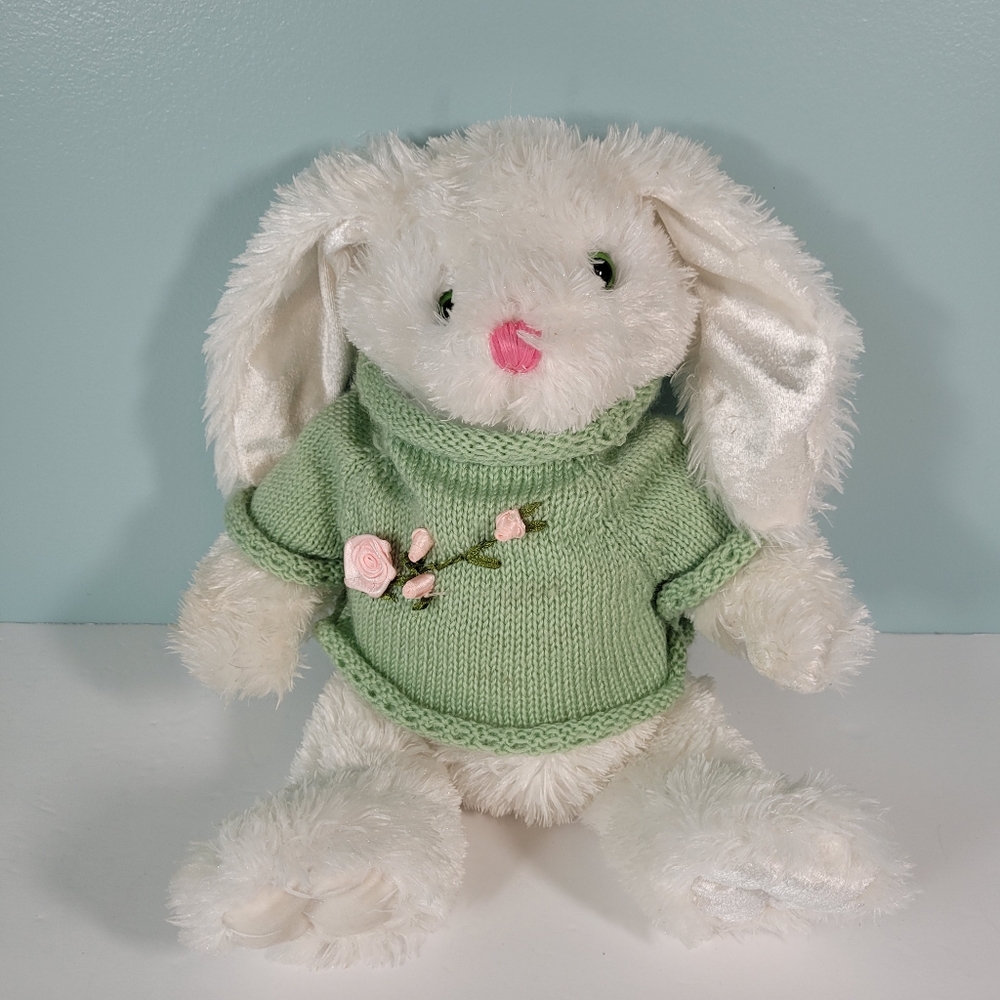 Dan Dee Collector's Choice White Easter Bunny Rabbit Green Sweater Pink Rose 12"